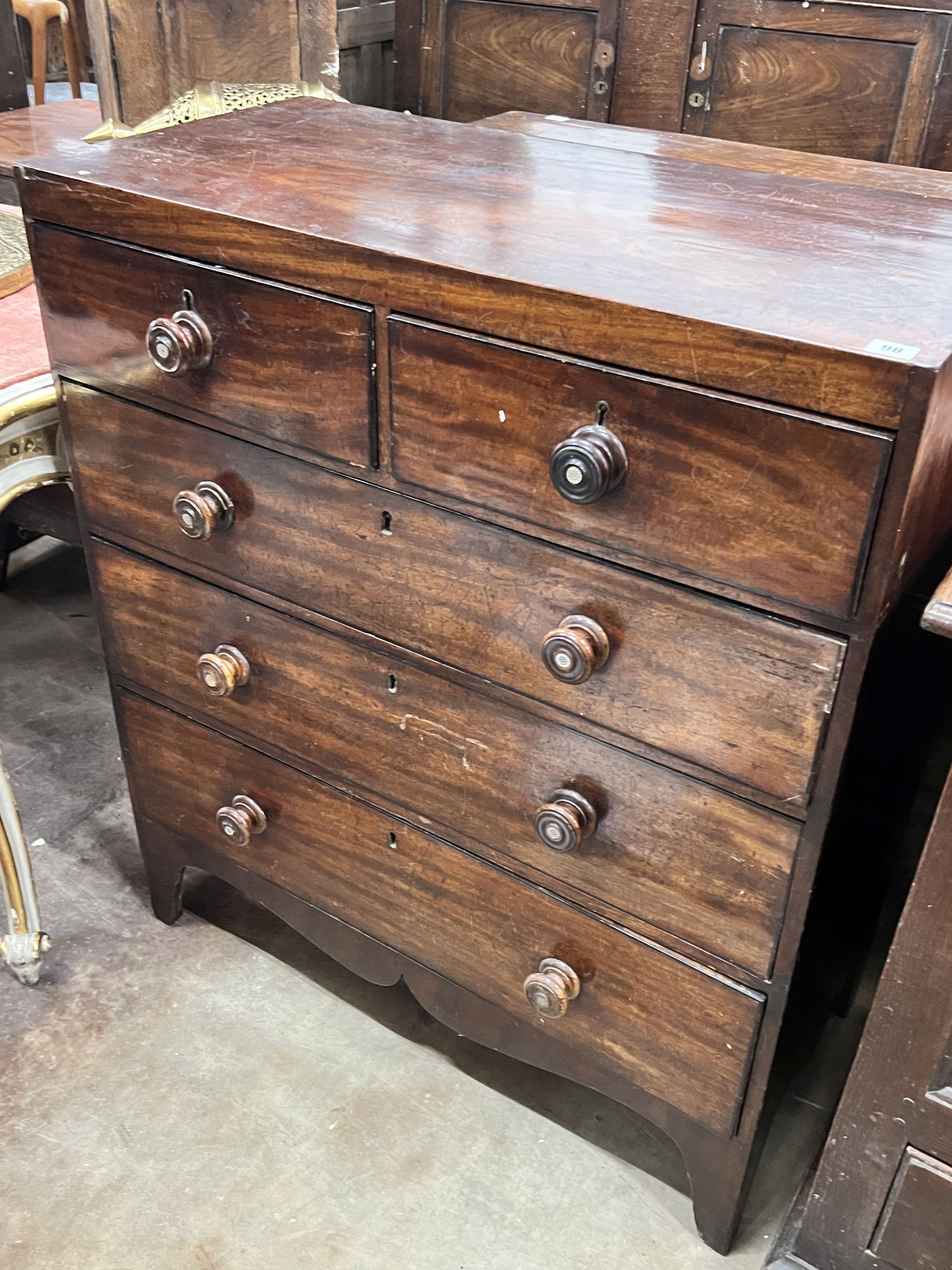 A Regency mahogany chest of two short and three long drawers, width 90cm, depth 45cm, height 106cm.